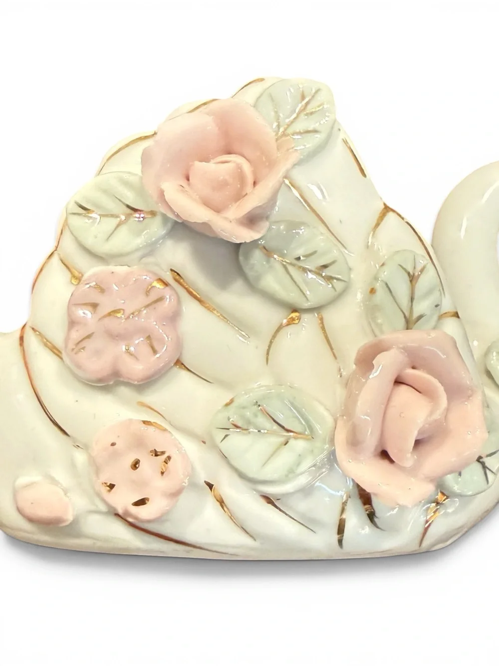 Vintage Porcelain Swan Planter Trinket Dish Pink Roses Gold Accent Cottagecore - Picture 4 of 5